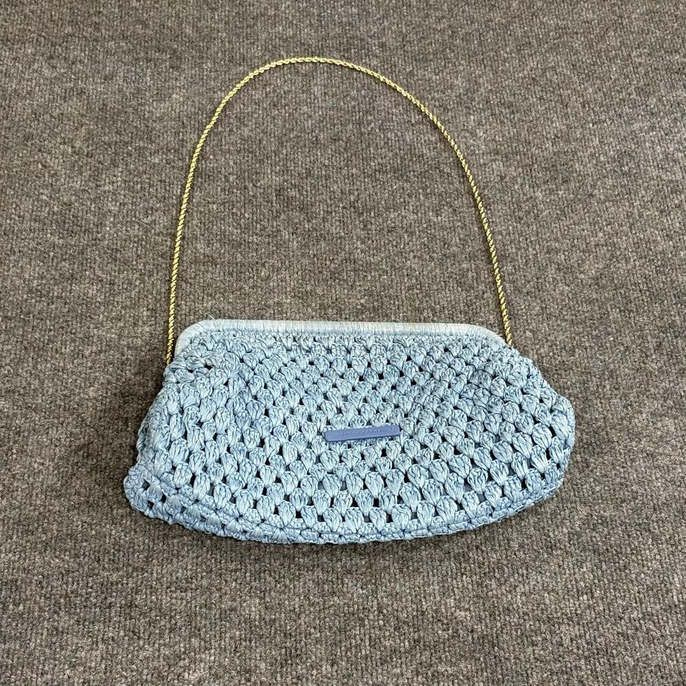 Loeffler Randall Clutch Womens Medium Blue Raffia Trudie Frame Crochet Handbag